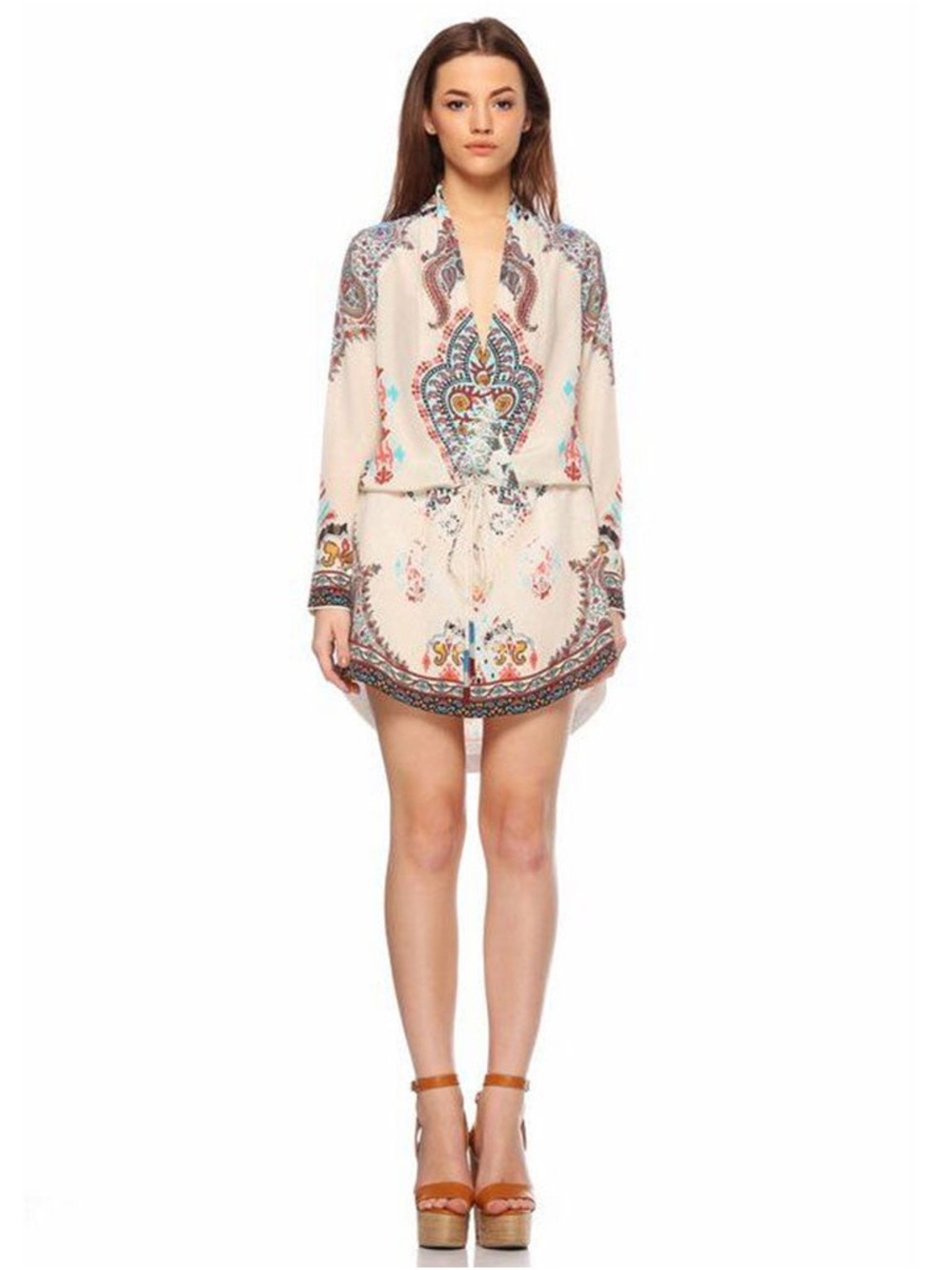 Rococo Sand Paisley Carpet Silk Tunic Mini Dress Cream Long Sleeve Boho